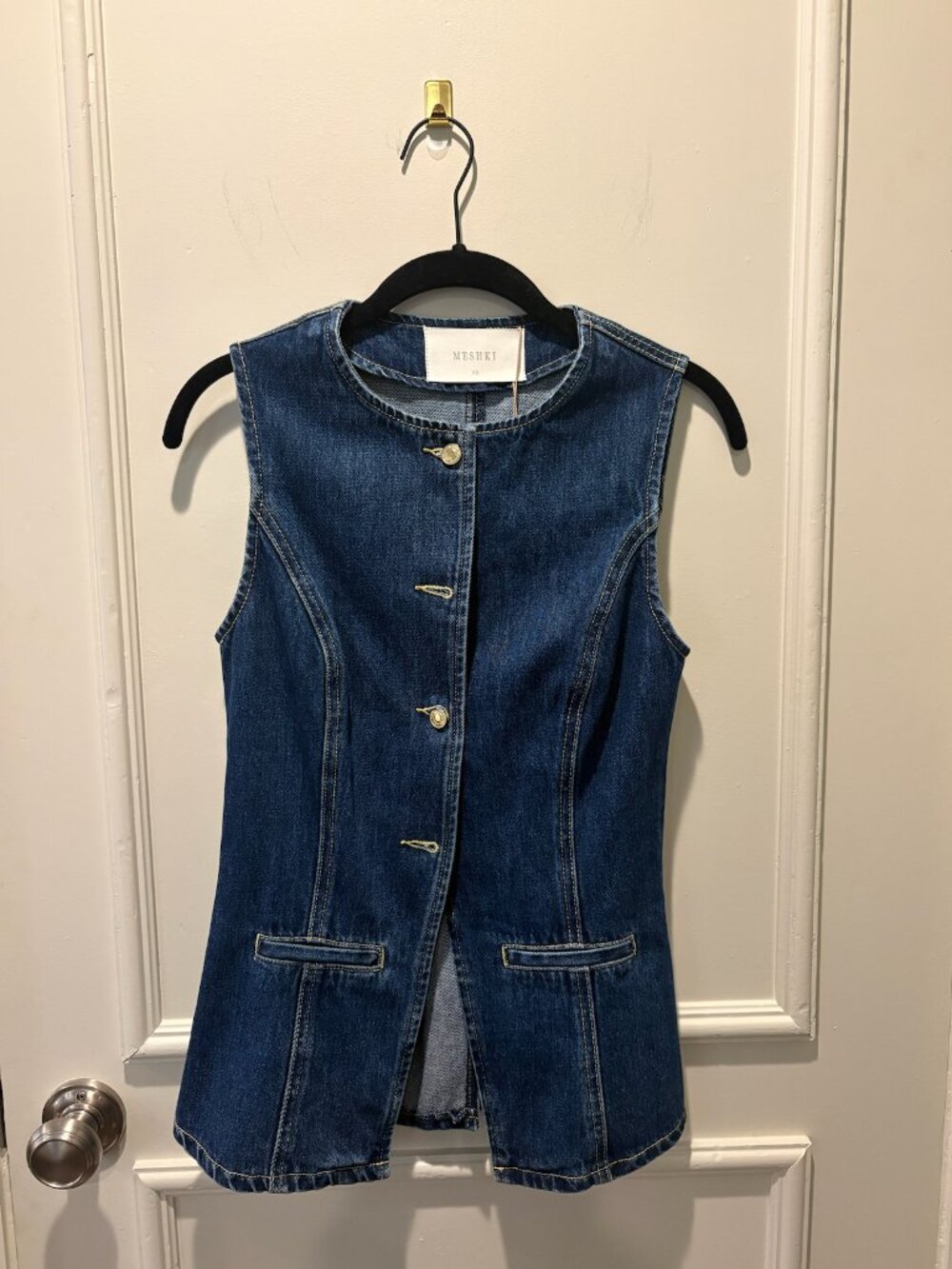 MESHKI Abel Denim Button Up Top Dark Blue XS NWT